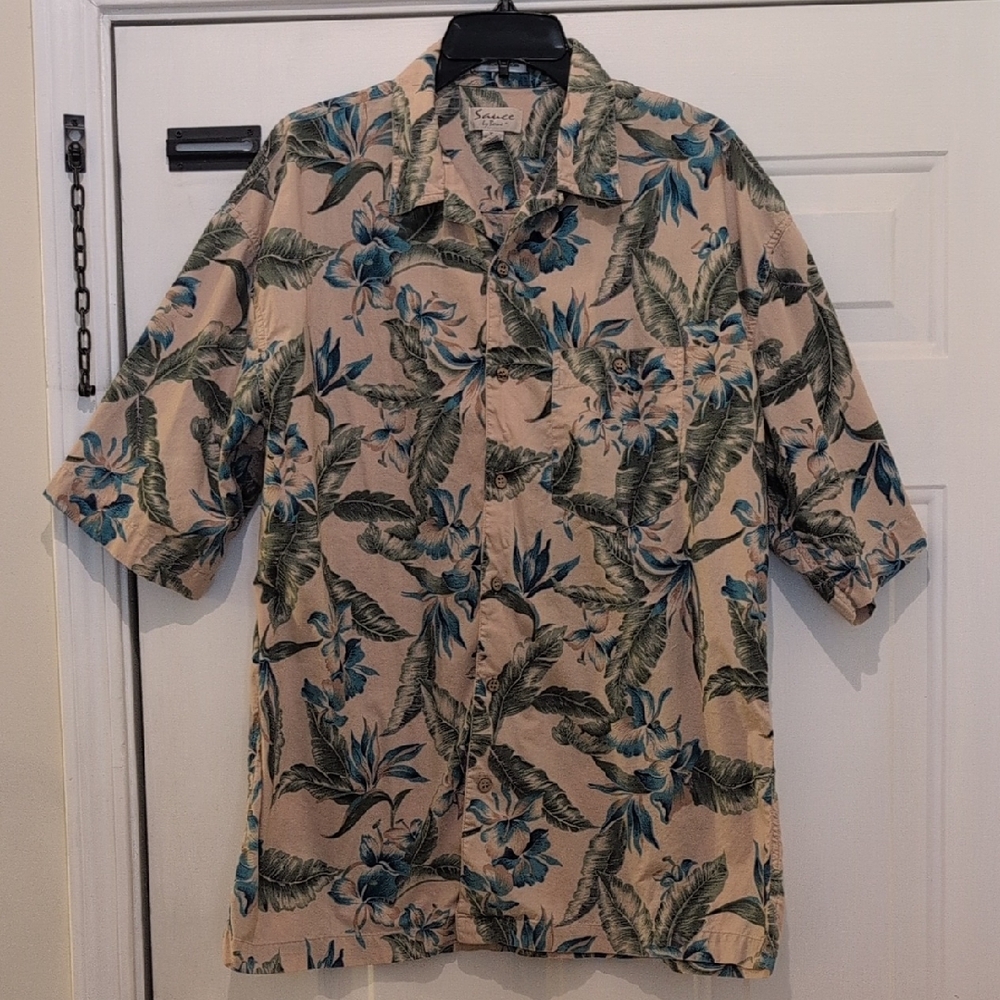 Men's Sauce By Berne Tan/Green/Blue Floral Button Down Hawaiian Style Shirt, XL